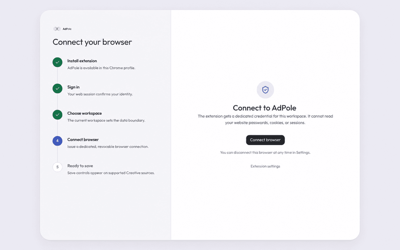 AdPole browser pairing screen showing install, sign in, workspace selection and connection stages