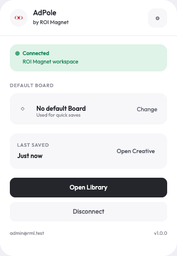 Connected AdPole extension popup showing the active workspace and default Board