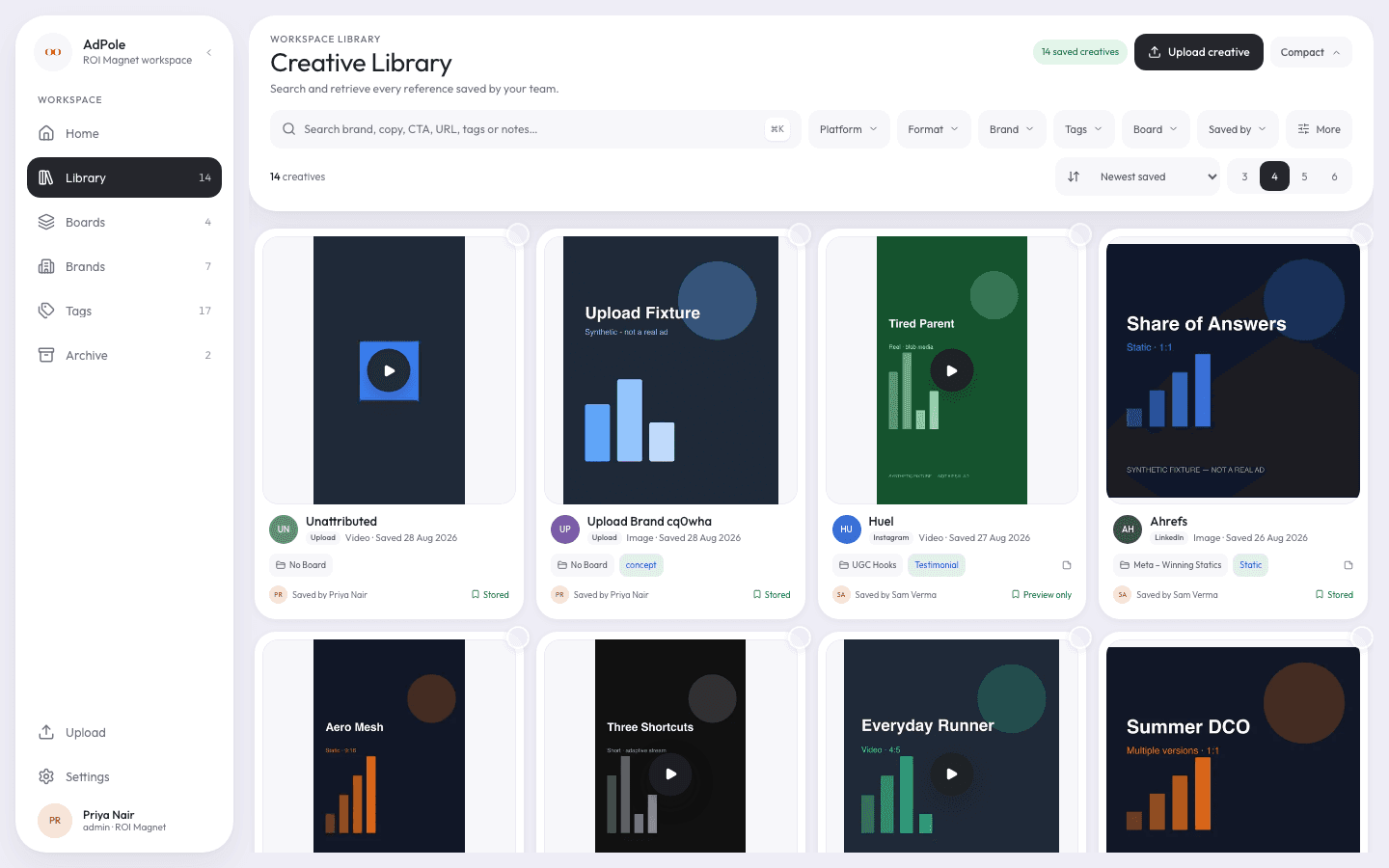 AdPole Creative Library showing saved references, filters and workspace navigation
